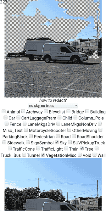 in a parking lot toggling a dropdown between no sky and ban cars and no people, with a 15 fps raw webcam view and a 5 fps view redacted to grey checkerboard, with varying degrees of correctness for the redaction
